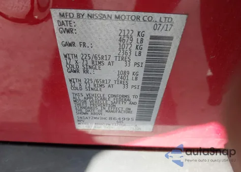 2017 Nissan Rogue S z USA, uszkodzony, nr VIN 5N1AT2MV3HC864995